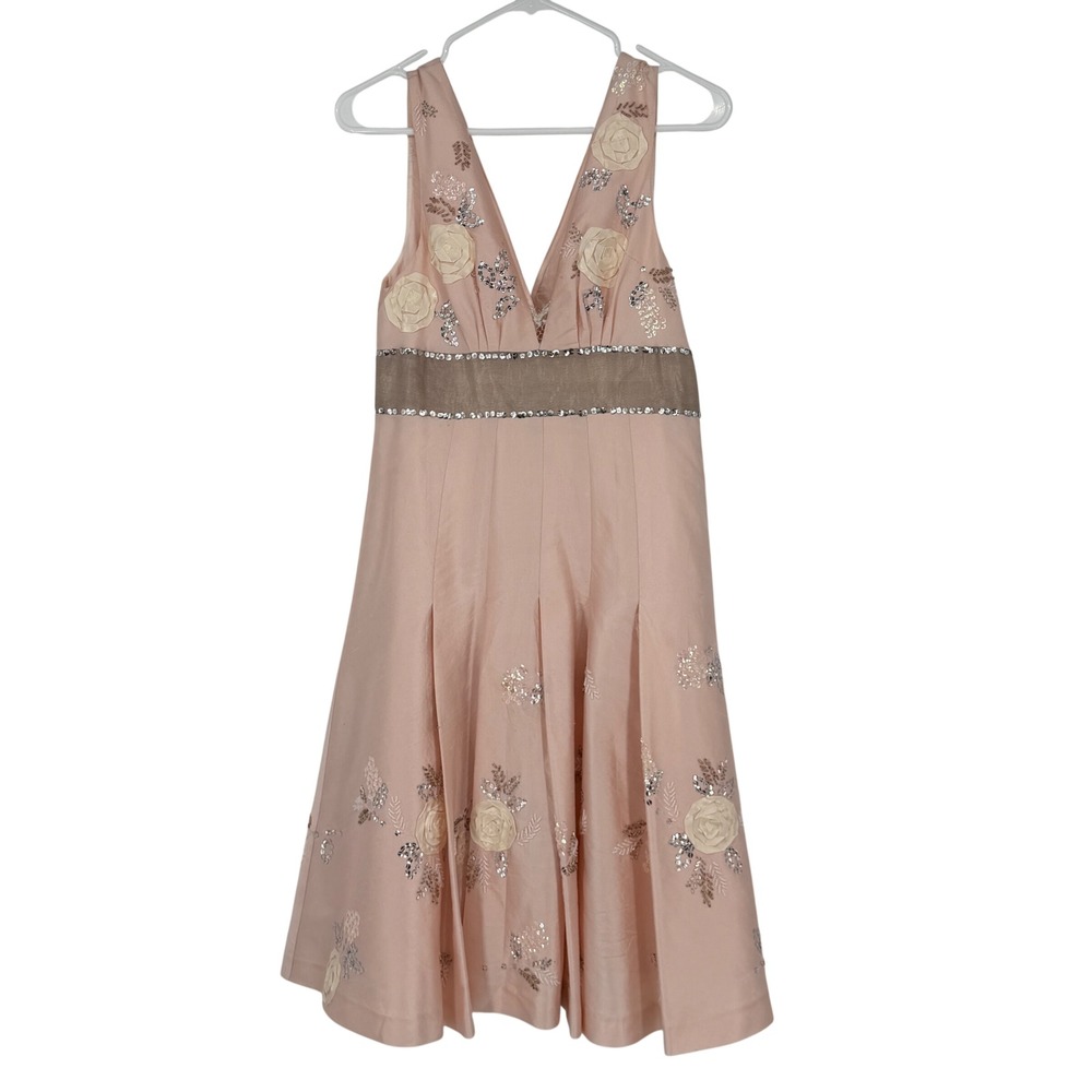Tibi‎ Pink 100% Silk Floral Sequin Beaded V-Neck Cocktail Dress Size 8 - Picture 2 of 6